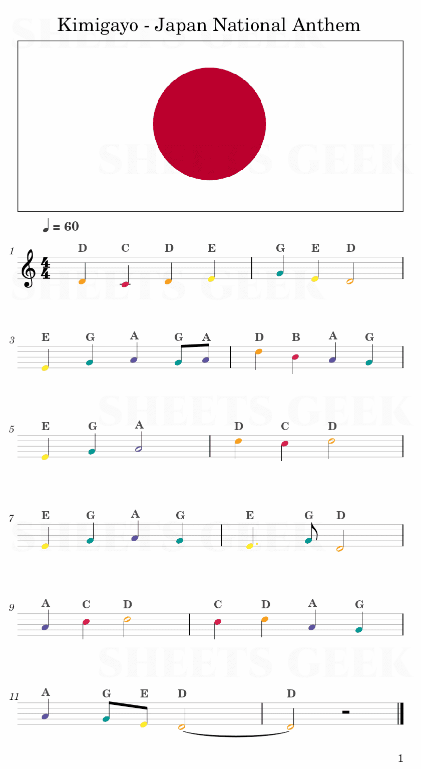 Kimigayo - Japan National Anthem Easy Sheet Music Free for piano, keyboard, flute, violin, sax, cello page 1