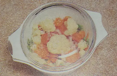 Image of Frozen vegetables in a casserole dish