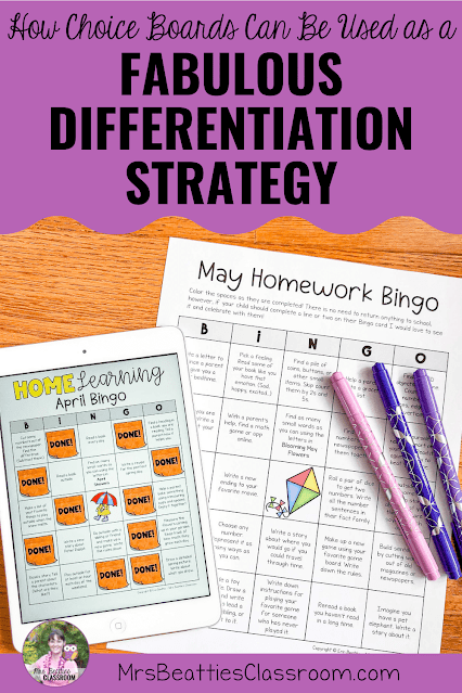 Photo of homework bingo choice boards with text, "How Simple Choice Boards Can Be Used as a Fabulous Differentiation Strategy."