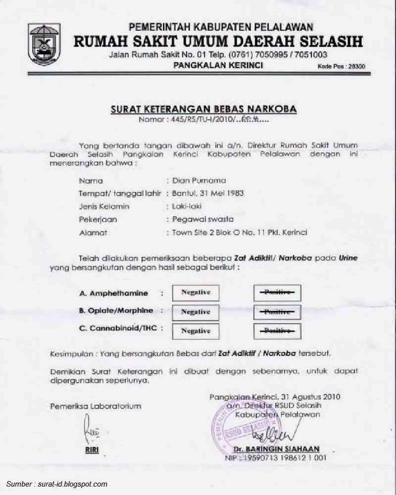 Contoh Surat Keterangan Bebas Narkoba atau NAPZA