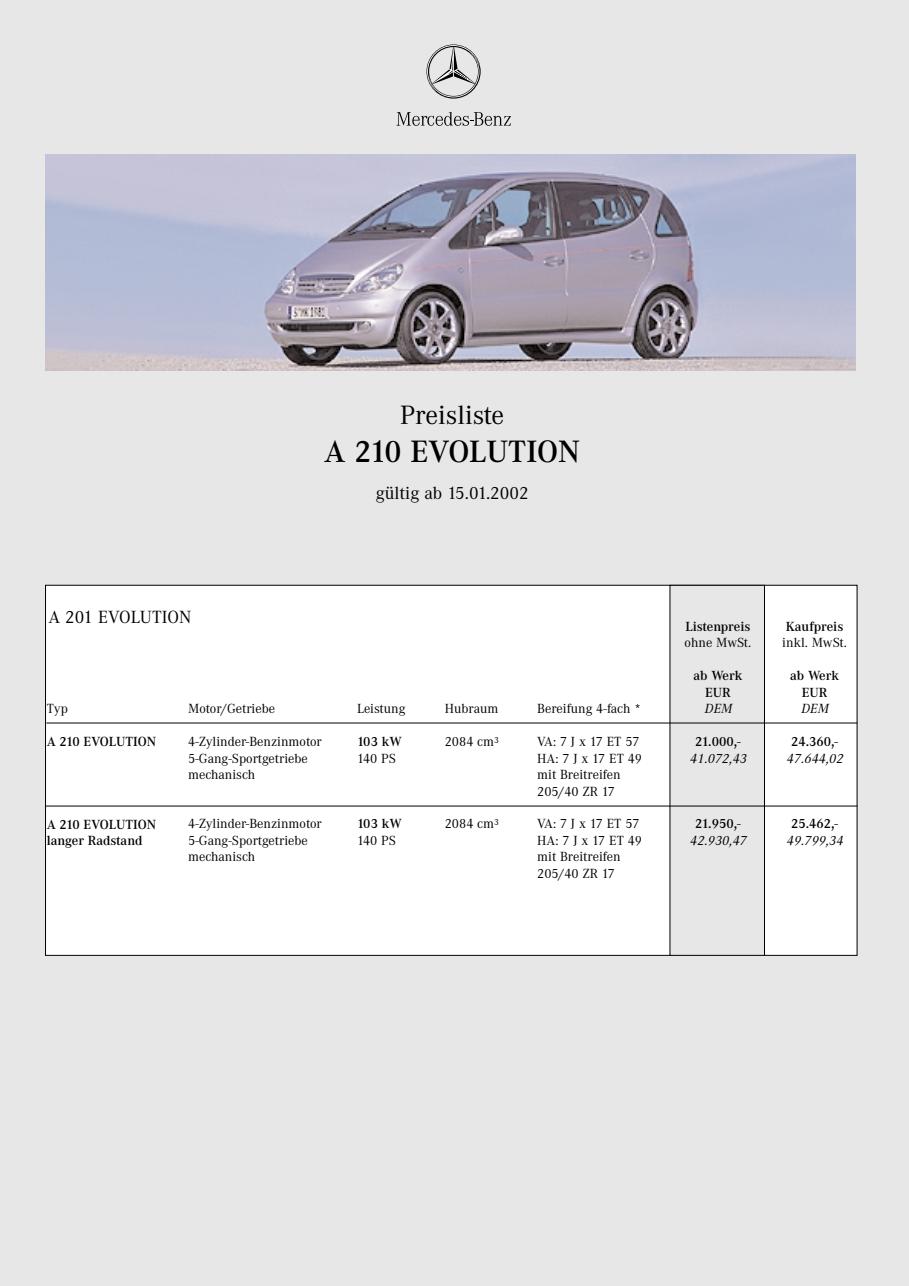 Mercedes-Benz W 168 A-Klasse Preisliste 01/2002