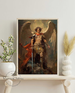 Discover a stunning printable painting of Saint Michael the Archangel, capturing the timeless strength and divine presence. This awe-inspiring artwork showcases Saint Michael's valor, depicting him in vibrant colors and intricate details. Perfect for home decor or spiritual inspiration, this high-quality printable painting of Saint Michael is an exquisite addition to any collection. Embrace the celestial beauty and power of this iconic archangel with this captivating piece of art. Get your printable Saint Michael painting now and elevate your space with heavenly grace.  By Biju Varnachitra