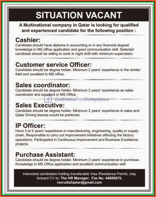 Situation Vacant for Qatar