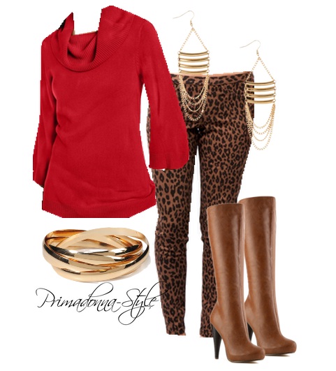 Leopard Print Pants Animal Print Pants Red Top Cognac Boots