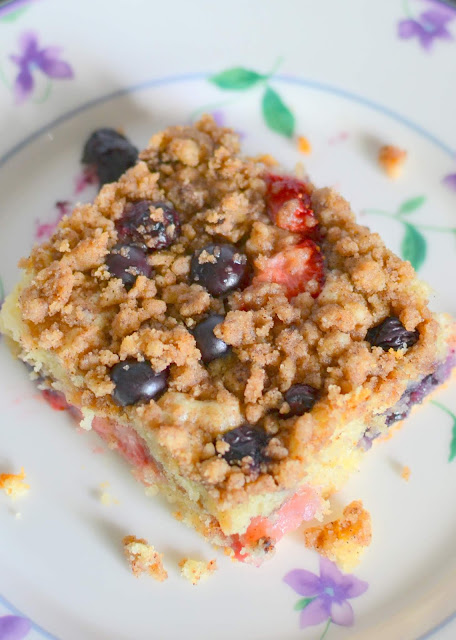 This delicious made from scratch coffee cake is packed full of berries and is great for dessert, brunch or breakfast! Also delicious with blackberries, raspberries, cherries or cranberries! Try this cake and it will be a new family favorite!
