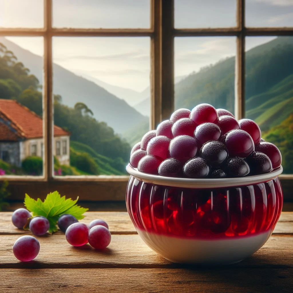 plato de gelatina de uvas frente a una ventana con vista al campo