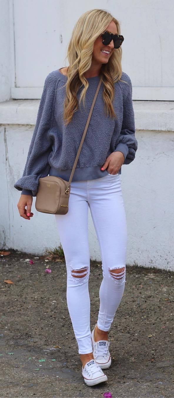 casual style obsession + sweatshirt + rips + bag