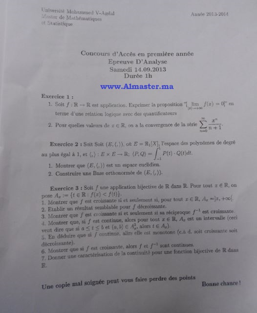 Concours d'accès au Master de Mathématiques et statistique 