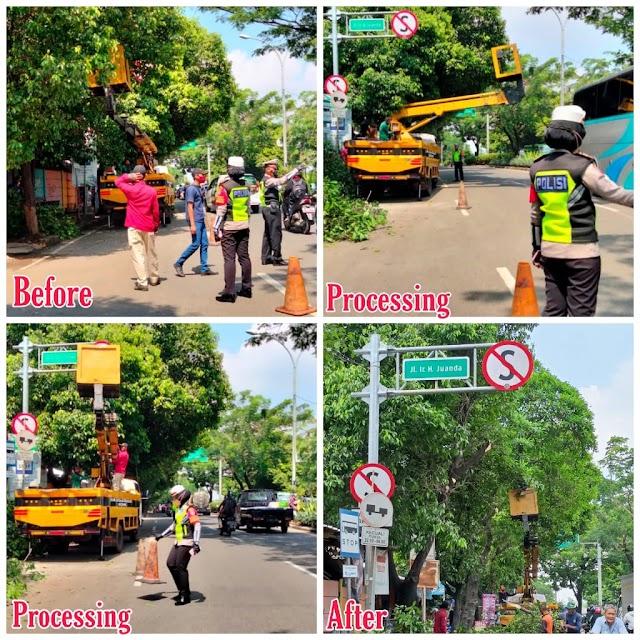 Satlantas Polrestro Depok Bersihkan Rambu Lalu Lintas Tertutup Pohon