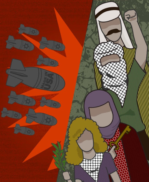 Nel riquadro a destra quattro sagome disegnate di soggetti palestinesi con dei simboli della resistenza, tra cui la kefiah, un ramo di ulivo e la chiave che simbolizza il diritto al ritorno. Nel riquadro a sinistre diverse bombe con il simbolo di Israele e una più grande con scritto "made in Usa"