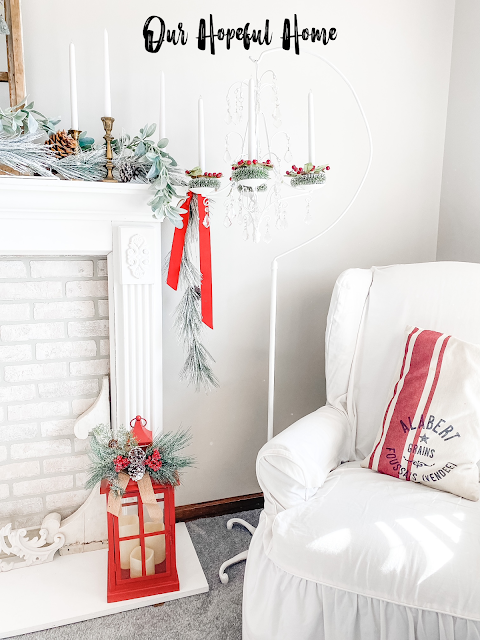 French grain sack pillow red lantern white mantel