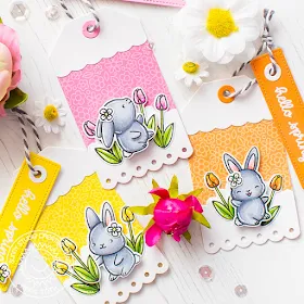 Sunny Studio Stamps: Chubby Bunny Sliding Window Dies Fancy Frames Spring Greetings Build-A-Tag Hello Spring Card by Mona Toth