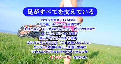 足がすべてを支えている  カラダを支えているのは、 「足の裏」のわずかな面積です。 土台となる「足」が崩れることで、カラダの姿勢が 崩れたり、カラダに負担や 痛みがでることがあります。 だからこそ土台となる「足」を整えることで、 カラダへの負担を減らし快適に生活が できるようにするお手伝いができるのが インソールなのです。