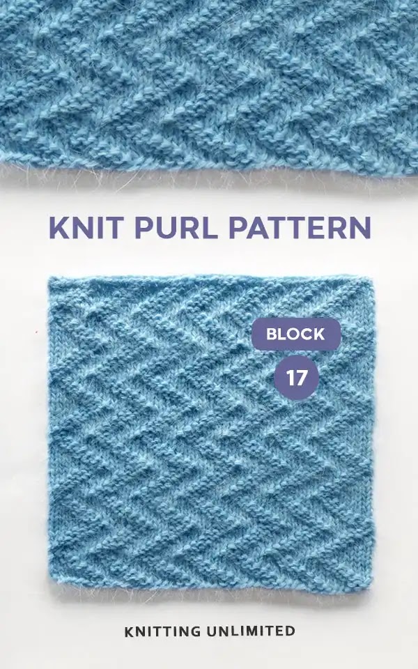 ZigZag Line Pattern. Knit Purl Square no 17. The zigzag knit purl pattern is a simple and easy-to-follow stitch pattern that creates a beautiful zigzag texture.