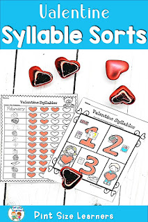 Syllables Valentine Simply print and laminate the syllable picture hearts and the 4 sorting mats. Identify the pictures on the hearts for the students. Also included are syllable clip-it cards and syllable worksheets. Your Pre-K and Kindergarten students will have fun in small group or at a literacy center counting valentine syllables.