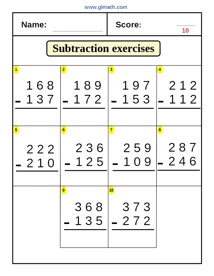 Three-Digit Numbers Subtraction