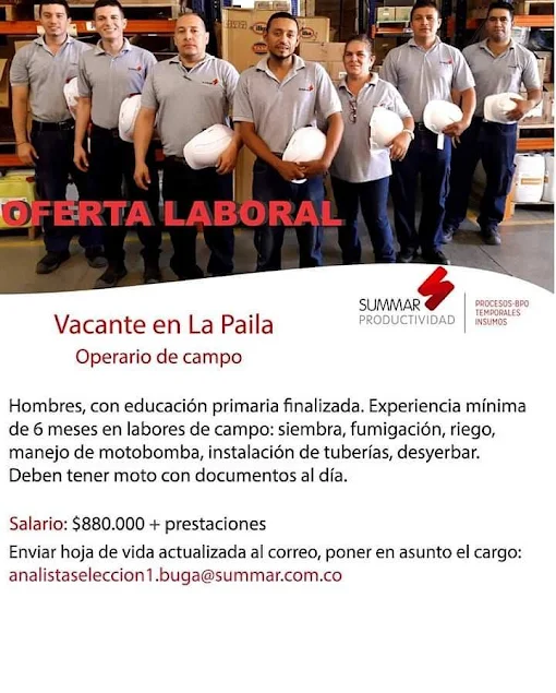 Empleo en La Paila como OPERARIO DE CAMPO