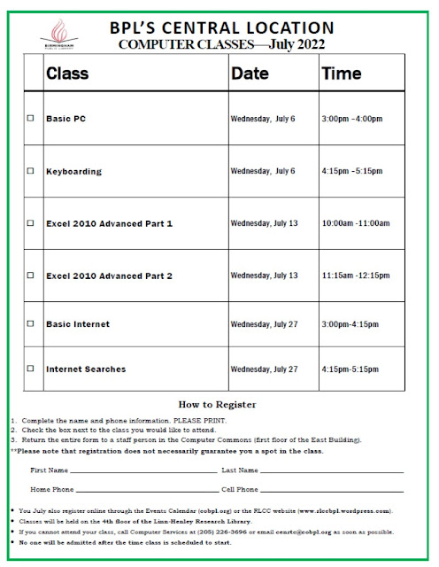 The front of the Computer Classes flyer advertises the class schedule and how to sign up.