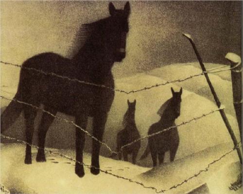 February by Grant Wood (1940) three horses stanging in the snow. Cold, barbed wire, winter, chill