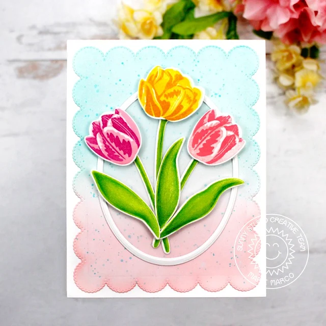 Sunny Studio Stamps: Tranquil Tulips Card by Marie Marco (featuring Loopy Letters Dies, Frilly Frame Dies)
