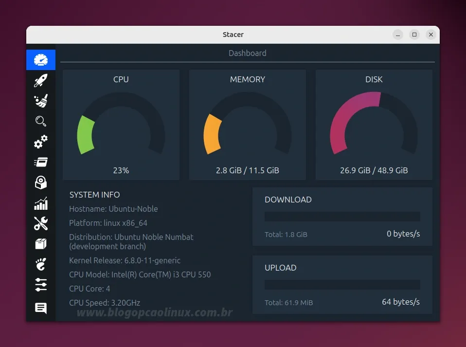Stacer executando no Ubuntu 24.04 LTS (Noble Numbat)