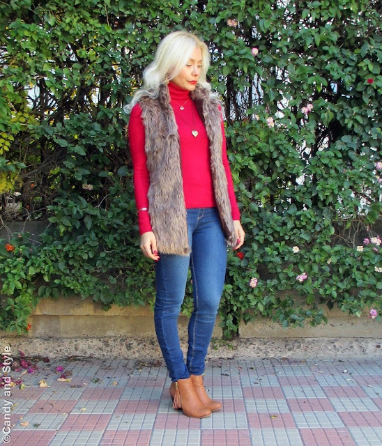 Faux Fur Vest, Red Turtleneck and Jeggings