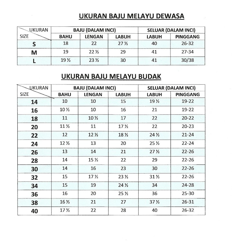 Baru 26+ Size Baju Melayu Budak