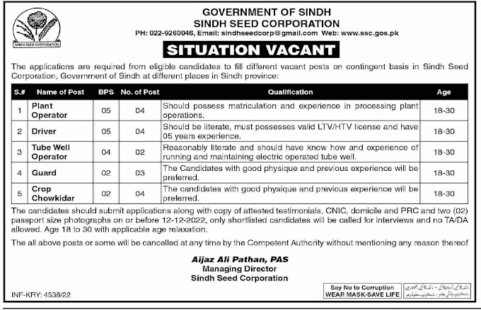 Latest Jobs At Sindh Seed Corporation