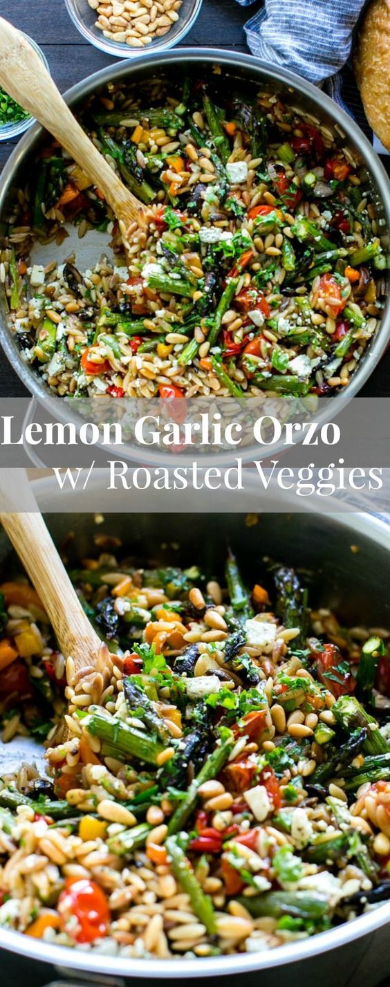 Lemon Garlic Orzo with Roasted Vegetables, feta and pine nuts is packed with texture and flavor. Delicious served warm or chilled and makes fabulous leftovers or addition to a picnic, or pot luck. Vegetarian. | Pasta | Salad | Picnic