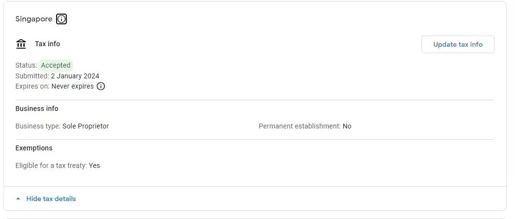 singapore tax info adsense accepted status