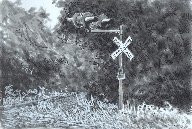 pen and ink sketch of railroad crossing, with signal lights and crossbar sign reading "RAIL ROAD CROSSING."