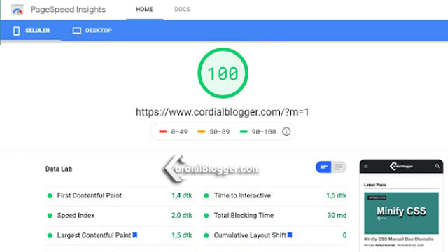 Skor kecepatan website cordialblogger.com - Audit by PageSpeed Insights Google