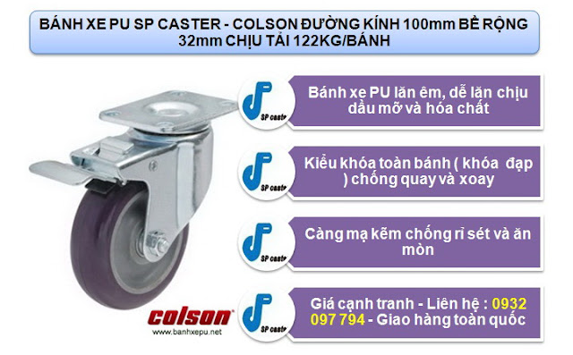 Bánh xe nhựa PU phi 100 chịu lực 122kg | S2-4256-95P-B4W www.banhxepu.net