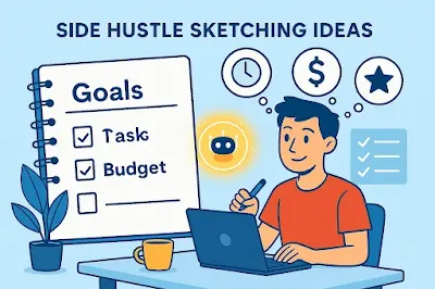 Infographic of a side hustler planning goals, tasks, and budget for AI tools.