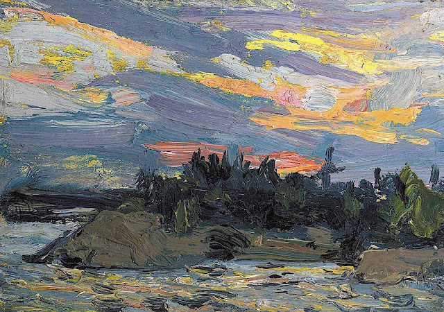 a J. E. H. MacDonald painting of a colorful Northern sky