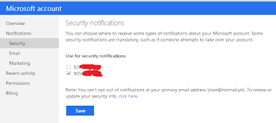 Select Security notification for Microsoft Account