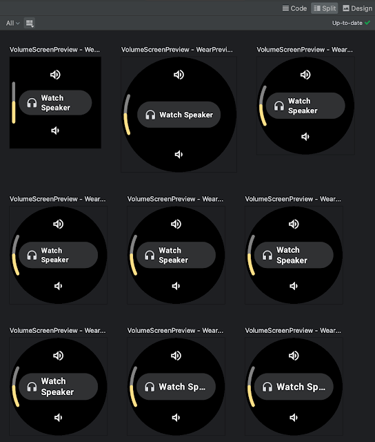 Imagen que muestra las anotaciones WearPreviewDevices y WearPreviewFontScales utilizadas para la vista previa de Horologist VolumeScreen