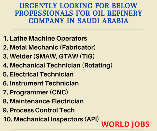 Urgently looking for below professionals for oil refinery company in Saudi Arabia