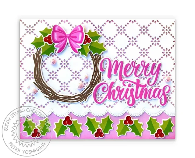 Sunny Studio Pink Scalloped Christmas Card (using Winter Wreaths & Holiday Greetings Stamps, Frilly Frames Eyelet Lace & Slimline Pennant Dies)