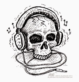 skull, line art, headphones, uniball, pen, pen and ink, albright, illustration