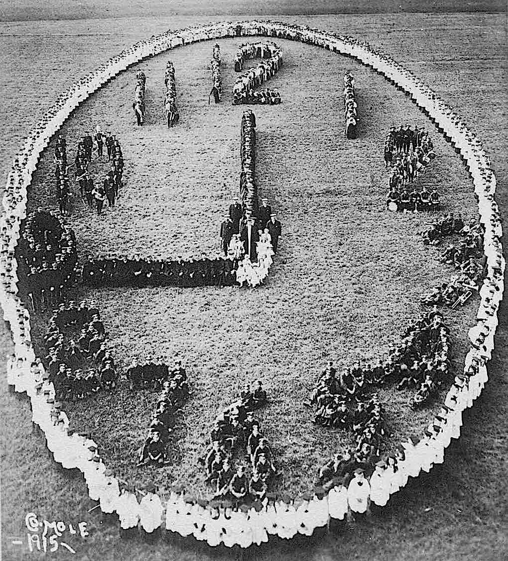 Alfred S. Mole 1915 aerial photograph, school students in a clock shape