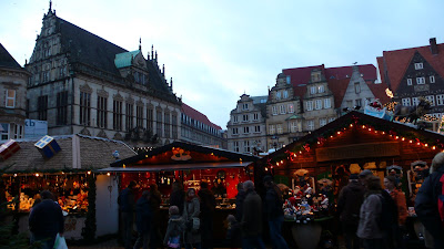 Image of the Schuetting, Guild House of the Merchants, in Bremen Germany, behind the traditional Christmas Market.