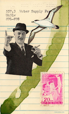 Socialism Romania Robber Baron Sea gull bird library due date card Dada Fluxus mail art collage