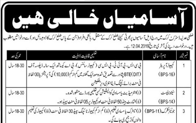 District & Session Judge Karak Jobs for Computer Operator, Steno, Naib Qasid & Others Latest Advertisement