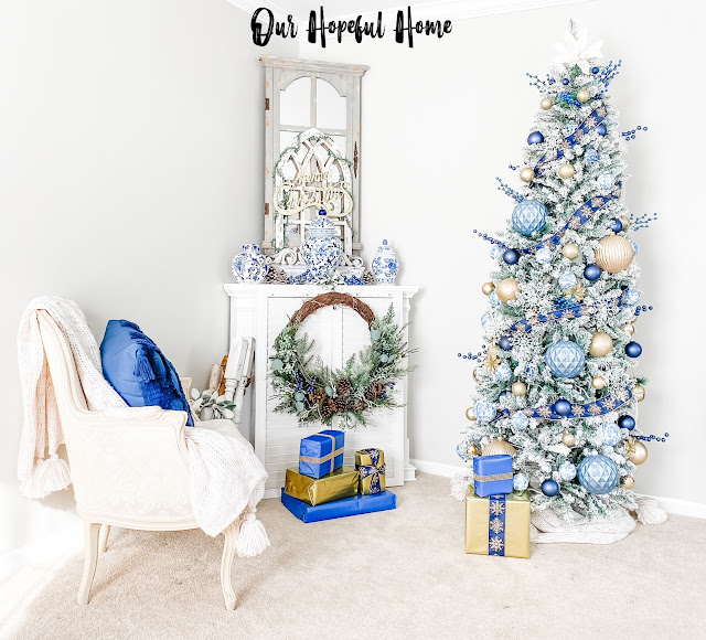 elegant blue white gold living room Christmas tree