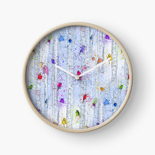 Whimsical rainbow birds on birch trees patterned clock