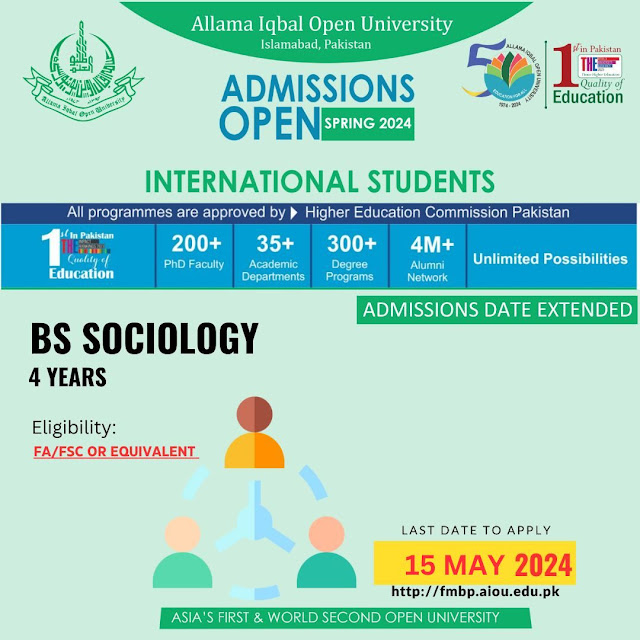 Image of a banner representing the BS Sociology program at Allama Iqbal Open University, which enables international students to study and understand social structures, inequalities, and cultural dynamics, with the text 'BS Sociology' and 'Allama Iqbal Open University' written in a bold and modern style.