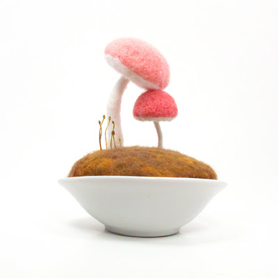 handcrafted wool mushrooms in pink - mother and daughter