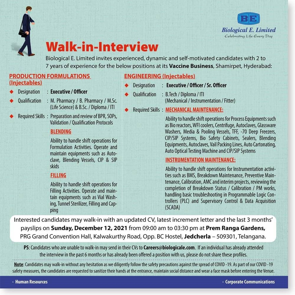 Job Availables,Biological E Limited Walk-In-Interview For B.Pharm/ M.Pharm/ BSc/ MSc/ Diploma/ ITI/ B.Tech