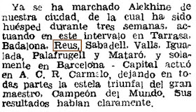 Simúltaneas de Alekhine en Reus, año 1944, nota de prensa